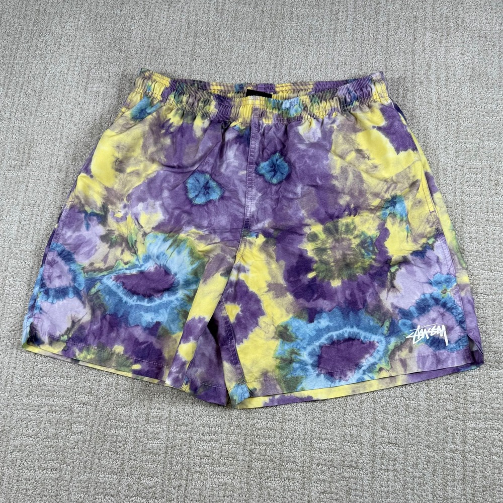 Stussy Mens Small Purple Yellow 6" Tie Dye Mesh Lined Water Swim Trunks Shorts